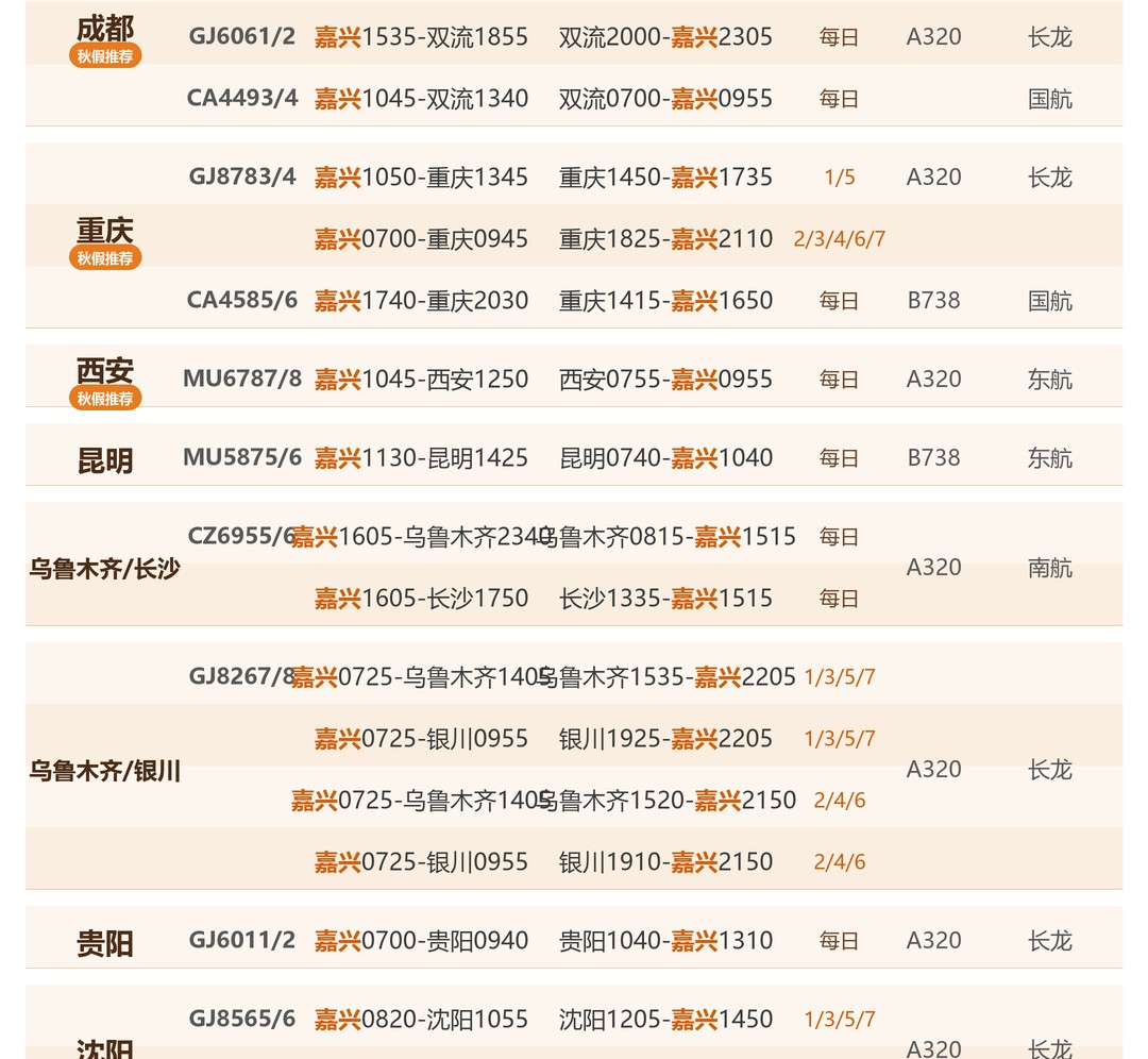 嘉兴南湖机场出港航班时刻表（二）成都重庆西安昆明